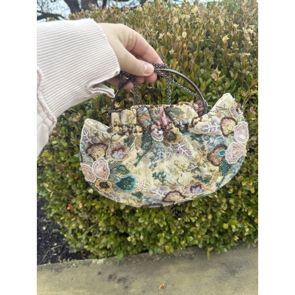 VTG Tapestry Beaded Clutch Crossbody Bag Cottagecore Jacquard Style Victorian
